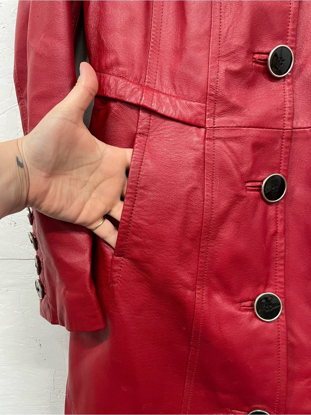 Vintage Danier Red Leather Button-Front Lined Trench Coat, Size XS - Picture 7 of 12
